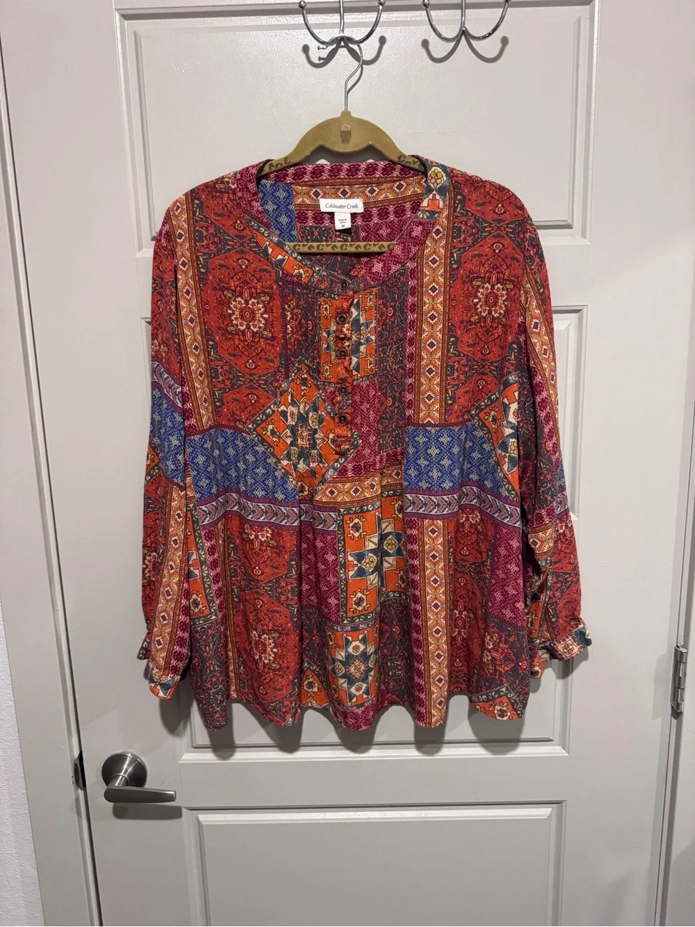 Coldwater Creek Red Orange Patchwork Button-Front Top Boho 3X - Picture 1 of 3